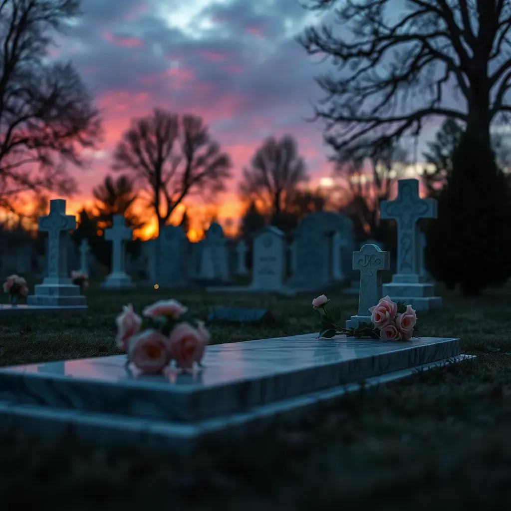 Vase de roses sur une pierre tombale au coucher du soleil dans un cimetière.